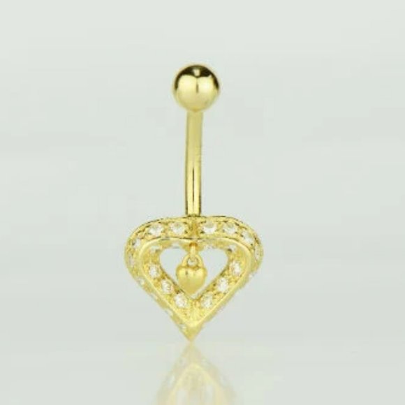 14K Solid Gold CZ Dangle Heart Navel Belly Button Ring Aretes del Ombligo en Oro - Picture 3 of 6